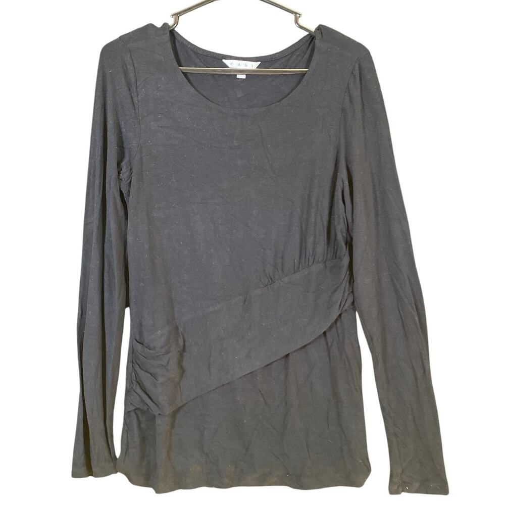 Cabi Womens Blouse Black Long Sleeve Ruched Wrapped Round Neck Stretch M - Picture 1 of 11